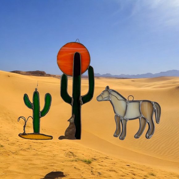 Cactus Sun Horse Desert Suncatchers Southwestern Cowboy Stained Glass Set of 3 - Picture 1 of 8